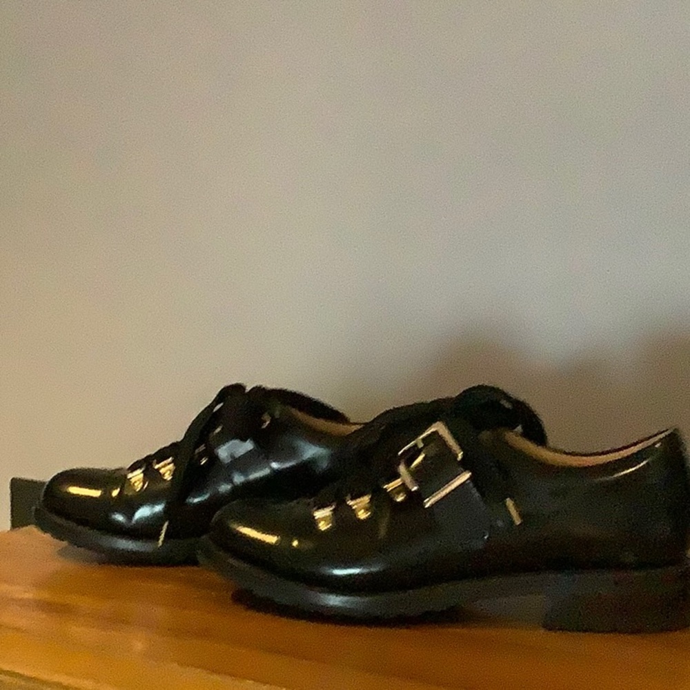 Lug Sole Oxfords. Size 38 1/2. Black leather with gold-tone hardware.